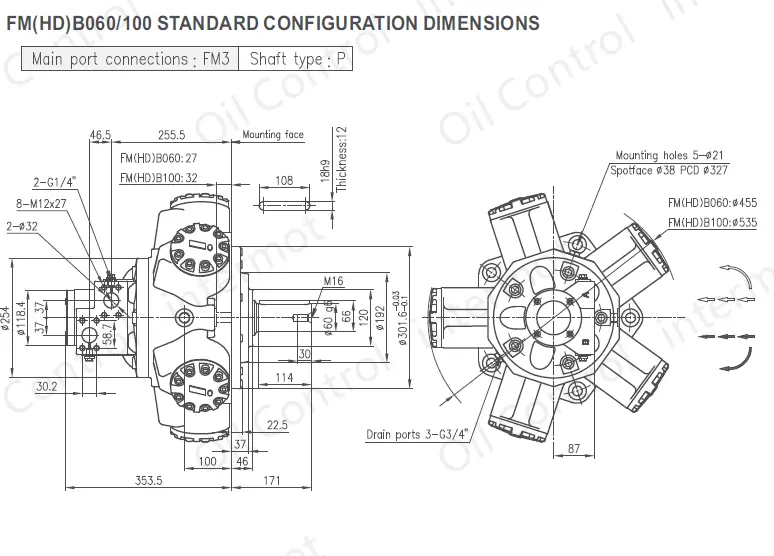 تصویر ابعاد و پیکربندی هیدروموتور مدلهای 100/FMB060