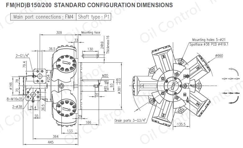 تصویر ابعاد و پیکربندی هیدروموتور مدلهای 200/FMB0150