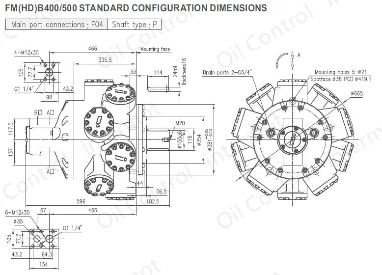 تصویر ابعاد و پیکربندی هیدروموتور مدلهای FMB400/500