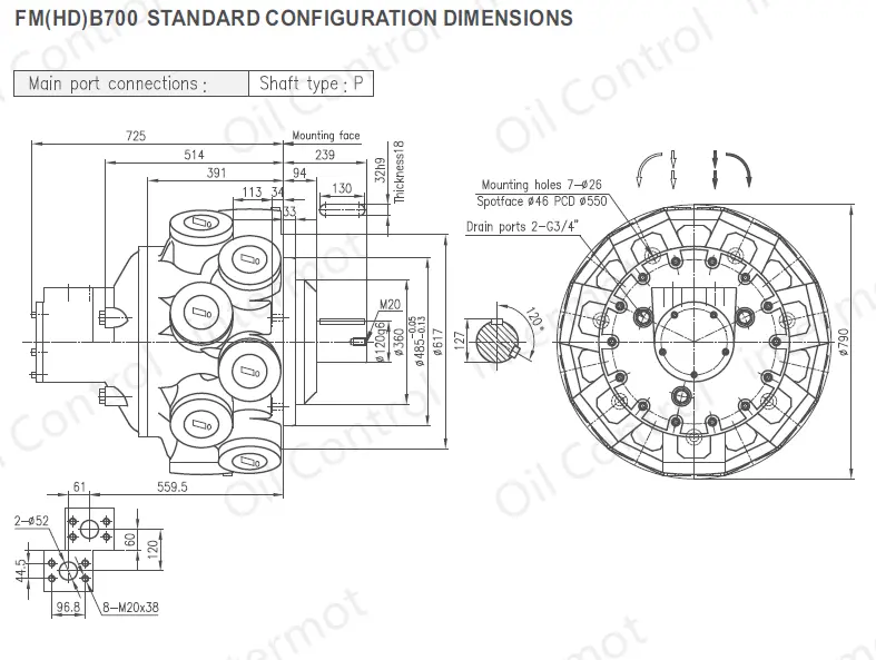 تصویر ابعاد و پیکربندی هیدروموتور مدل FMB700