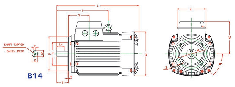 اطلاعات ابعادی الکتروموتور سه فاز فریم آلومینیومی موتوژن تک دور و دو دور  (فلنج دار چدنی)