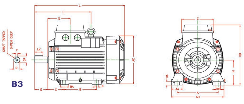 اطلاعات ابعادی الکتروموتور سه فاز فریم آلومینیومی موتوژن تک دور و دو دور  (پایه دار)