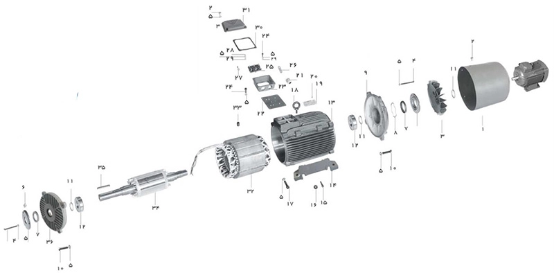 اجزای الکتروموتور سه فاز اینورتردیوتی فریم چدنی موتوژن (سایز فریم 400-180). 09123266196