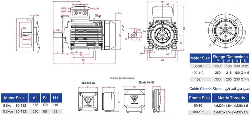 اطلاعات ابعادی الکتروموتور ضد انفجار موتوژن. 09123266196
