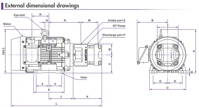 نقشه ابعادی خارجی پمپ‌های QT مجهز به موتور