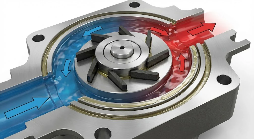 تصویری که طرز کار کارتریج پمپ پره ای هیدرولیک را نشان می دهد.